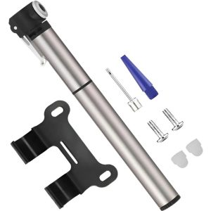 Mini bombín de mano plateado de aluminio 120 psi para bicicleta con soporte y adaptadores