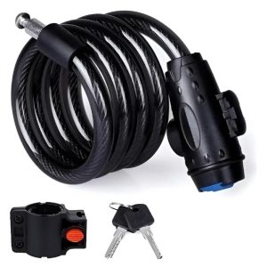 Candado para bicicleta tipo manguera piola de acero negro en espiral con soporte y llaves