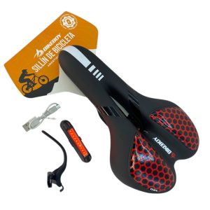 Asiento sillín deportivo bicicleta gel antiprostático negro con rojo y luz